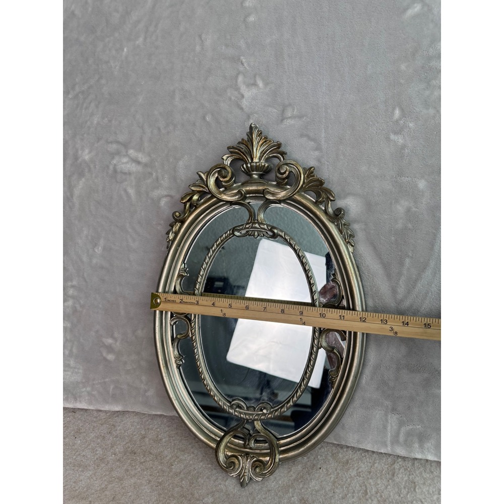 Vintage Ornate Oval Mirror Antique Silver Italy Baroque Scrollwork 18.5x11.5 - Picture 3 of 7